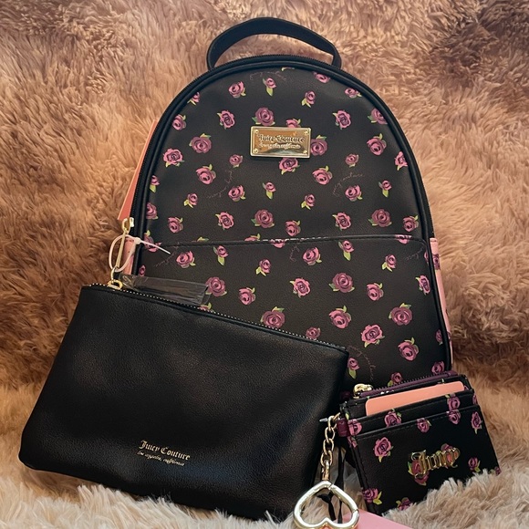 NWT 3-Pcs Set Juicy Couture Backpack, Pouch, & Card Case, Black Blooms at Night main image 5